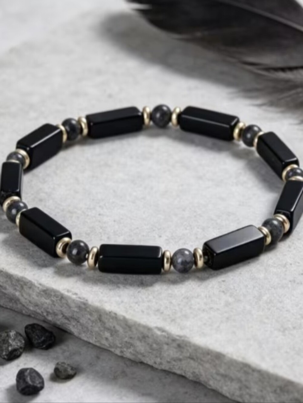 Black Onyx & Labradorite Rectangular Beaded Bracelet New with tags
